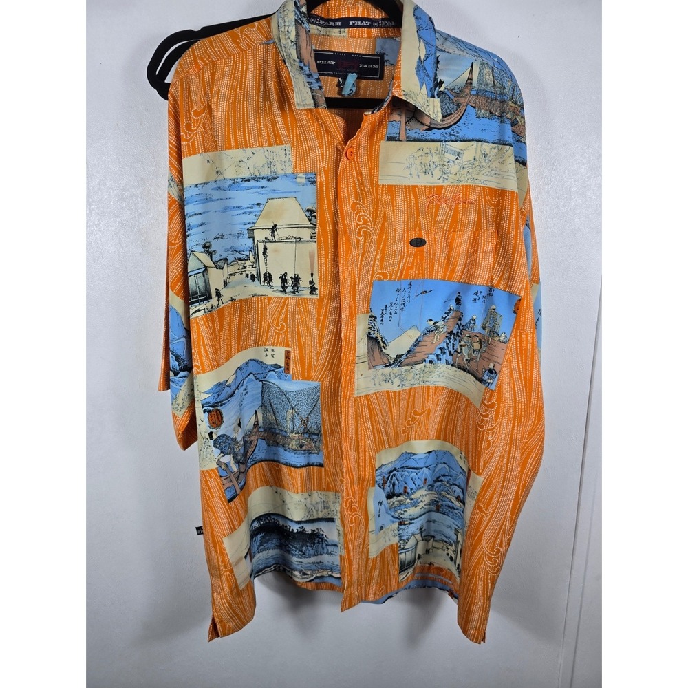 Vintage Phat Farm Button Up Shirt Orange‎ Graphic Print Y2K Streetwear XXXL